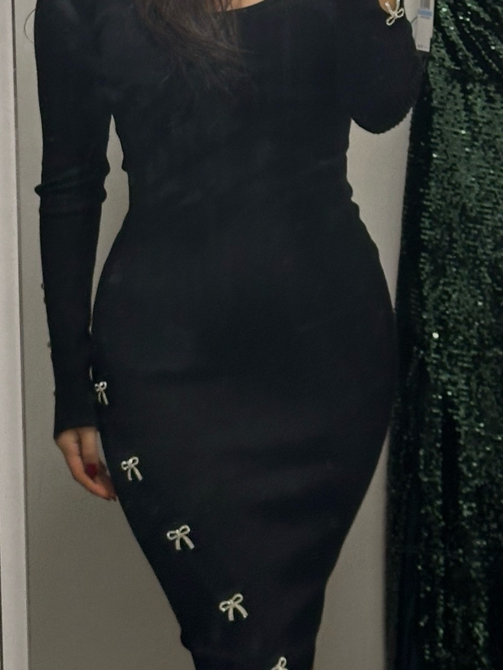Long-Sleeve Black Midi Dress with Bow Trim